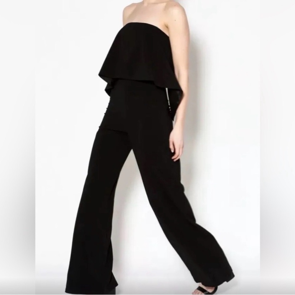 NWT DO + BE Womens Small Black Strapless Overlay Front Jumpsuit Wide Leg